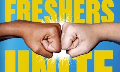 Blue background with the words FRESHERS UNITE and two people fist bumping