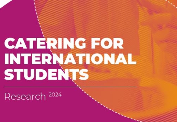 front cover of report purple background with text that reads catering for international students