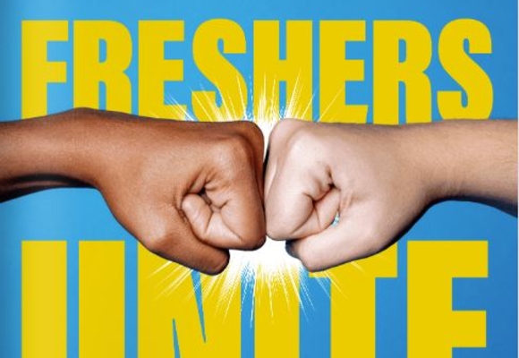 Blue background with the words FRESHERS UNITE and two people fist bumping